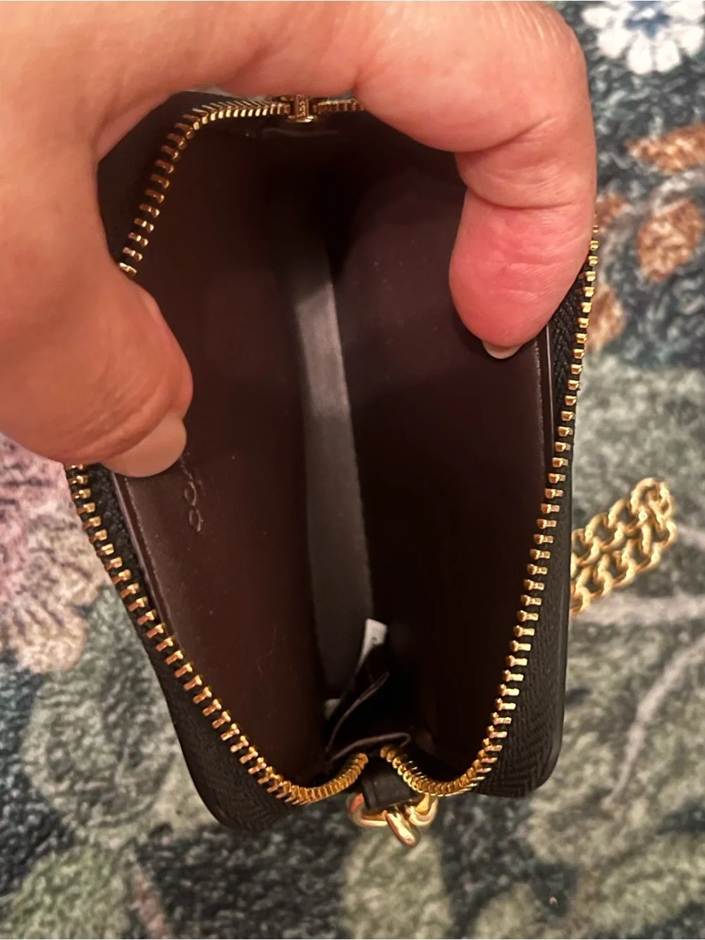 Coach Black Quilted Leather Card Holder with Gold Chain